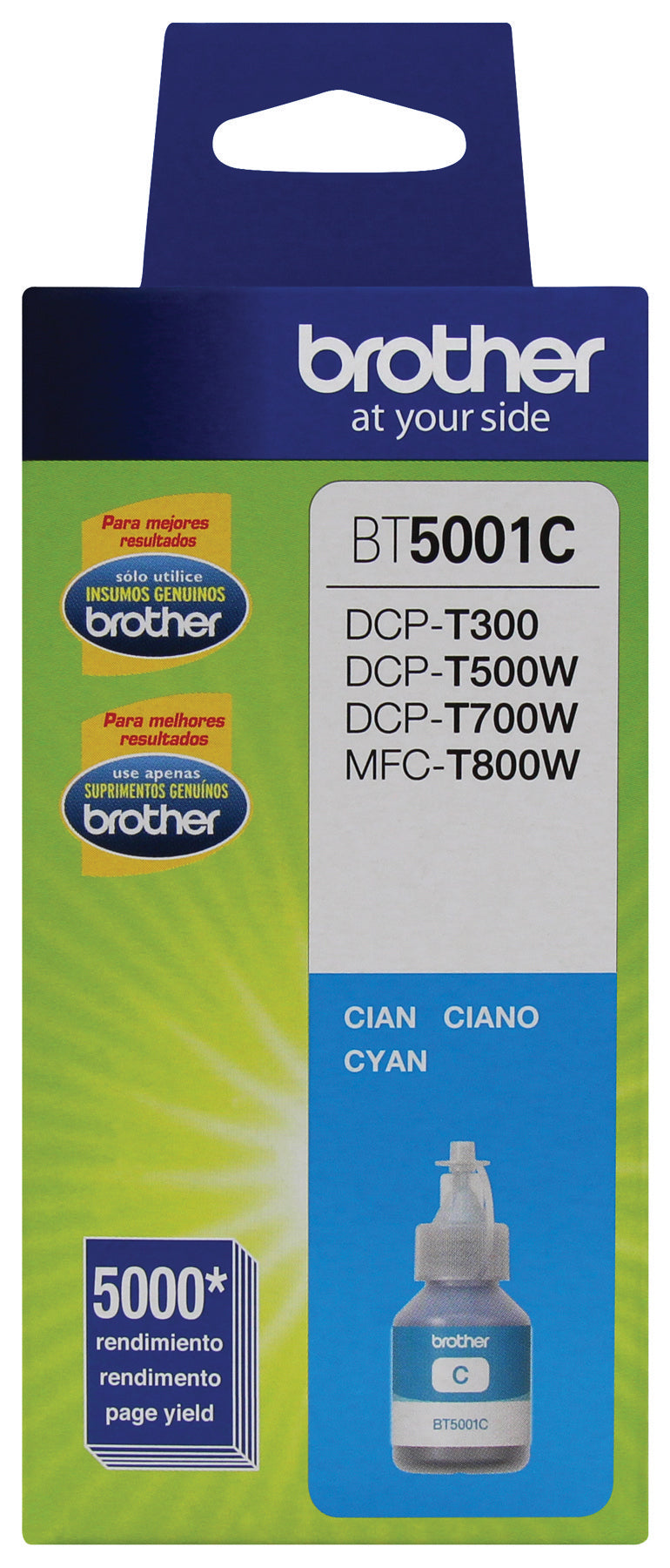 Tinta BROTHER BT5001C Cian, rendimiento de 5000 páginas para T310, T510W, T710W y T910D.