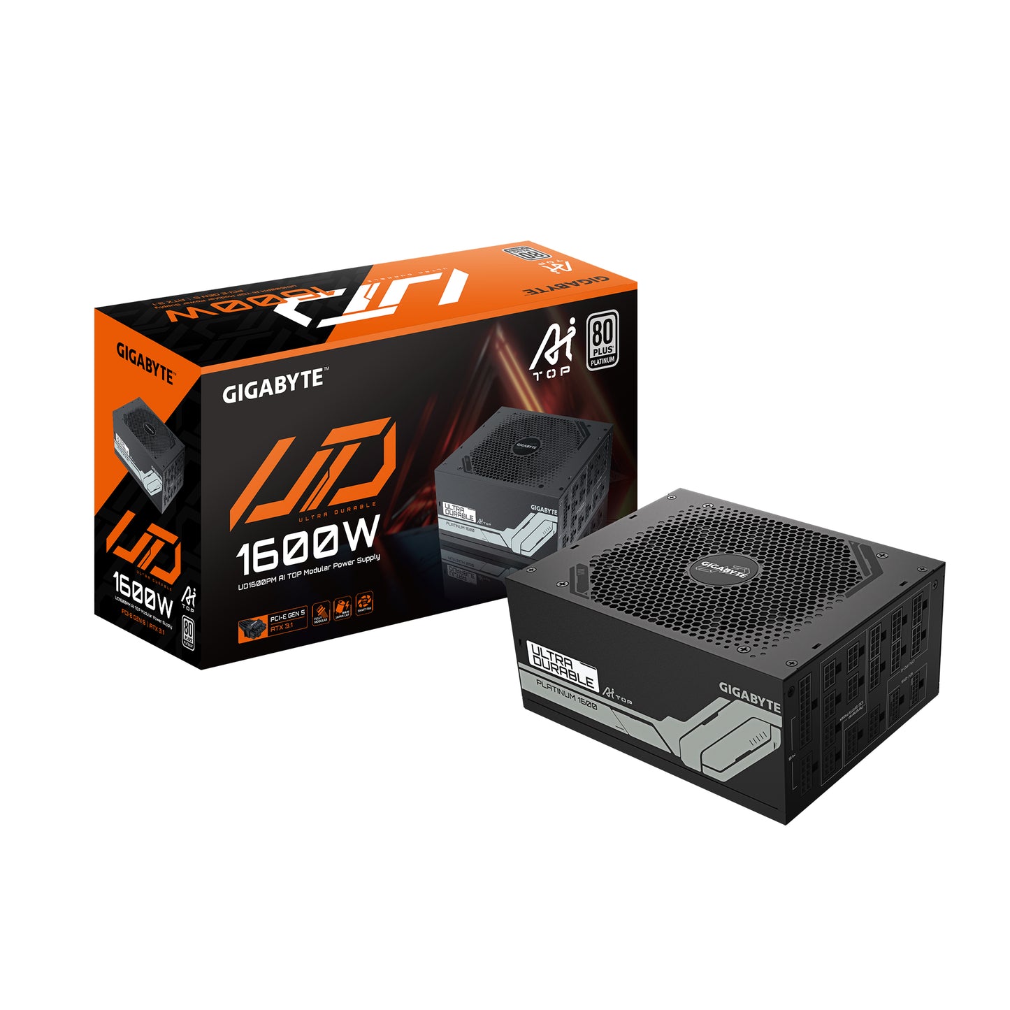 Fuente de poder GIGABYTE UD1600PM PG5 AI superior 80 Plus Platinum ATX, modular, 24-pin ATX, 12VHPWR, 120mm, 1600W