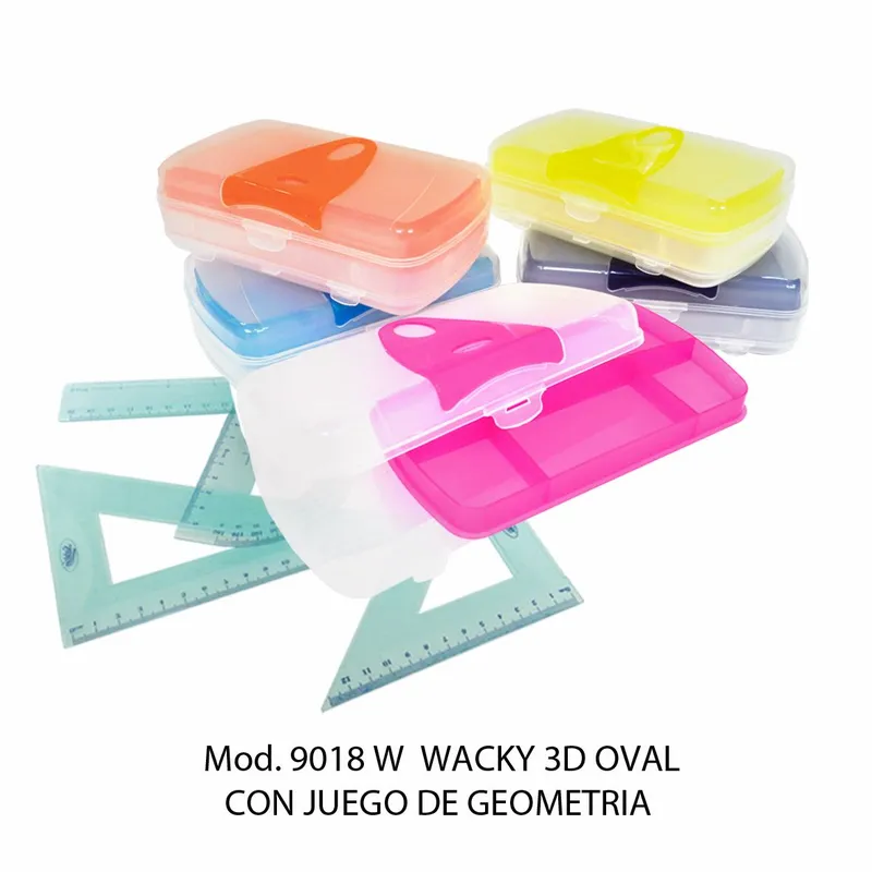 Estuche Escolar Wacky 3D Oval — Con Juego de Geometría — Colores Rosa, Azul, Verde, Rojo, Humo