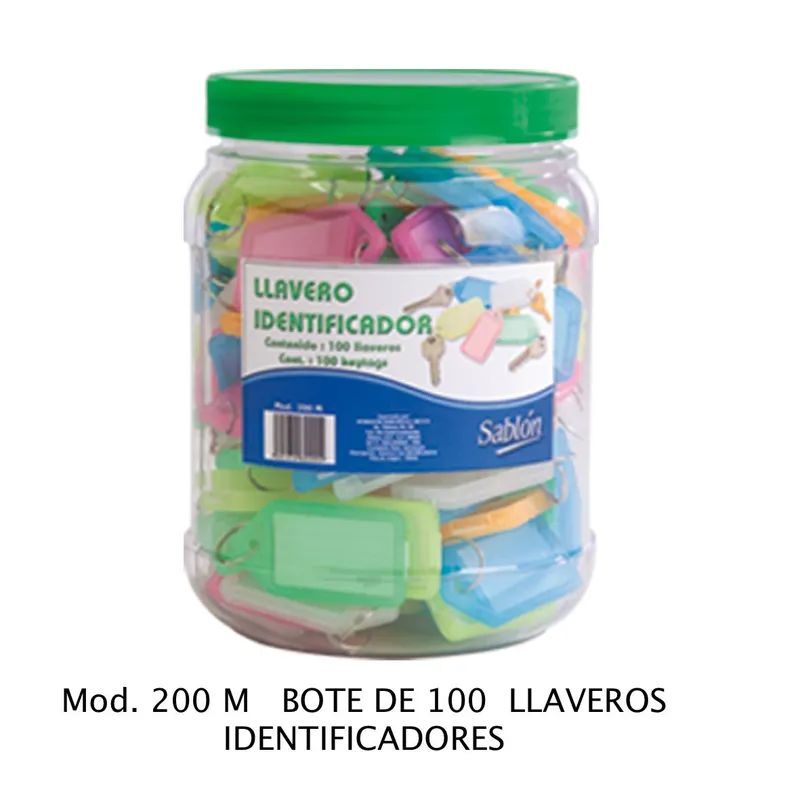 Bote con 100 llaveros identificadores — Color verde transparente