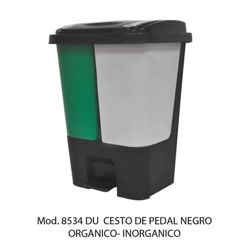 Bote de basura de pedal de 17 litros — Color Negro con Gris y Verde — Para Orgánico e Inorgánico