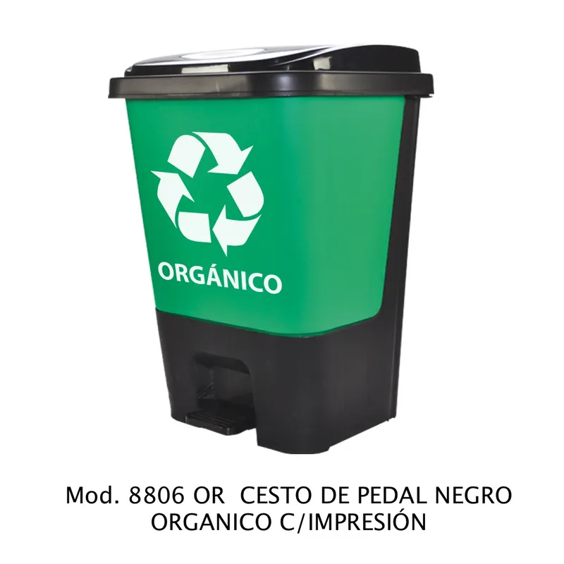 Bote de basura de pedal de 17 litros — Color Negro con Verde con Impresión — Para Orgánico