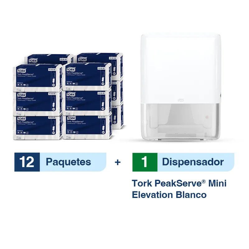 Tork PeakServe® Dispensador Mini de Toallas de papel para manos Continua Blanco + 12 paq toallas | 410 pzas c/u