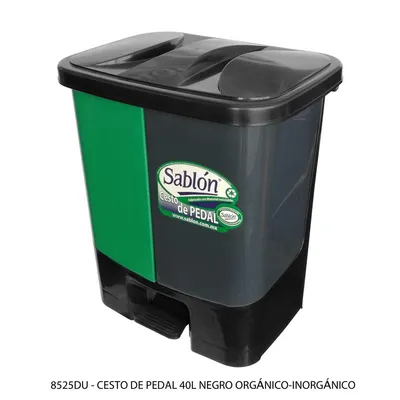 Bote de Basura Mediano — 40 litros — Color Negro con verde y gris — Con pedal