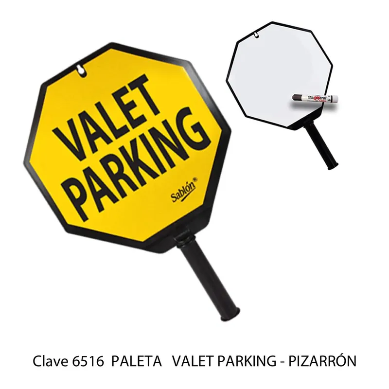 Paleta señalizadora — Presentación individual — Frente: Valet Parking | Vuelta: Vinil con Pizarrón — Vinil Reflejante